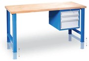 Výškovo nastaviteľný pracovný stôl GD so závesným boxom na náradie, buková škárovka, 3 zásuvky, 1200 x 685 x 850 - 1050 mm, modrá