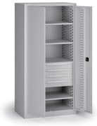 Policová dielenská skriňa na náradie KOVOS, 4 police, 4 zásuvky, perforovaná, 950 x 600 x 1950 mm, sivá