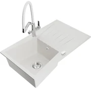 Mexen Cesar, 1-komorový granitový drez 775x470x190 mm a drezová batéria Duo, biela, 6514-20-671701-02