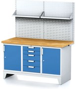 Alfa 3 Dielenský stôl MECHANIC I , perforovaný panel, polica, 2 skrinky a zásuvkový box na náradie, 5 zásuviek, 1500x685x880 mm, modré dvere