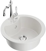 Mexen Diego, granitový drez 488x488x167 mm, 1-komorový a drezová batéria Carla, biela, 6512-20-670700-00