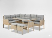 Garden Line SÚPRAVA RATANOVÉHO NÁBYTKU „BERNO“ (ROHOVÁ SEDACIA SÚPRAVA + 2 TABURETY + STOLÍK) BEŽOVÁ + ŠEDÉ VANKÚŠE *9576