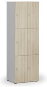 Drevená šatníková skrinka S4 s úložnými boxmi, 6 boxov, demont, cylindrický zámok, sivá/dub prírodný