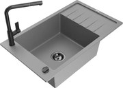 Mexen Elias granitový jednokomorový drez s odkvapkávačom a kuchynskou batériou Flora, Šedá - 6511-71-670401-70-B
