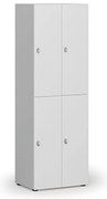 Drevená šatníková skrinka S4 s úložnými boxmi, 4 boxy, demont, otočný zámok, sivá/biela