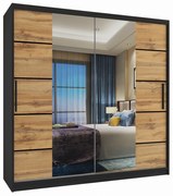 Šatníková skriňa 200 cm Belini čierny mat / dub wotan s posuvnými dverami zrkadlom a zásuvkami  ME SZP5/1/B/DW/0/KLP