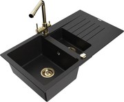 Mexen Matias granitový 1,5-komorový drez s odkvapkávačom a kuchynskou batériou Duero, Čierna - 6502-77-671600-50
