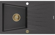 Mexen Cesar, granitový drez 775x470x190 mm, 1-komorový, čierna škvrnitá so zlatým sifónom, 6514771010-76-G