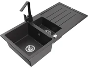 Mexen Andres, granitový drez 1000x500x200 mm, 1,5-komorový, čierna škvrnitá s chrómovým sifónom a čierna drezová batéria Rita, 6515-76-670300-70