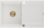 Mexen Bruno, granitový drez 795x495x200 mm, 1-komorový, biela so zlatým sifónom, 6513791010-20-G