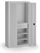 Policová dielenská skriňa 2-dverová, 3 police + 2 zásuvky, 1950 × 950 × 500 mm, sivé dvere