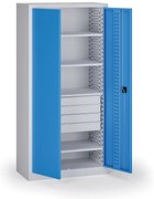 Policová dielenská skriňa 2-dverová, 4 police + 4 zásuvky, 1950 × 950 × 500 mm, modré dvere