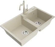 Mexen Tomas, granitový drez 800x500x190 mm, 2-komorový a drezová batéria Carla, béžová, 6516-69-670700-69