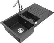 Mexen Matias granitový 1,5-komorový drez s odkvapkávačom a kuchynskou batériou Flora, Čierna škvrnitá - 6502-76-670401-00