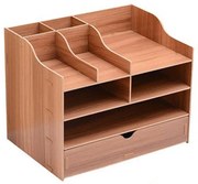 Drevený kancelársky organizér na dokumenty s 8 priehradkami a širokou zásuvkou tmavé drevo DIY 2411 Tmavé drevo