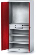 Alfa 3 Policová dielenská skriňa 2-dverová MECHANIC, 2 zásuvky, 3 police, 920 x 500 x 1950 mm, červené dvere