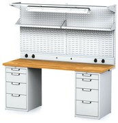 Alfa 3 Dielenský stôl MECHANIC I + 2x závesný box, nadstavba, polica, el. zásuvky a osvetlenie , 8 zásuviek, 2000x685x880 mm, sivé dvere