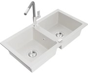 Mexen Mario, 2-komorový granitový drez 820x436x161 mm a drezová batéria Flora, biela, 6504-20-670401-06