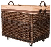 ČistéDrevo Tmavý prútený kôš na drevo hranatý - na kolieskach