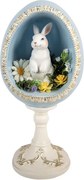 Bielo-modré vajíčko na podstavci s králikom a kvetmi - 13*12*28 cm