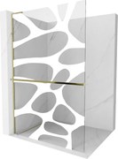 Mexen Kioto+ L, sprchová zástena Walk-In s poličkou a vešiakom 80 x 200 cm, 8mm číre sklo biely vzor, zlatý lesklý profil,800-080-123-50-97