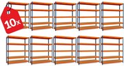 Akcia 10x Regál 216x140x50 cm profesionálny 5-policový, nosnosť 1500 kg - modro-oranžový