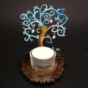 AMADEA Drevený svietnik strom modrý s bielymi ozdobami, výška 10 cm