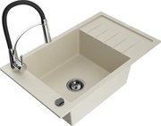Mexen Elias granitový jednokomorový drez s odkvapkávačom a kuchynskou batériou Aster, Béžová - 6511-69-73450-07-B
