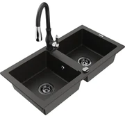 Mexen Mario, 2-komorový granitový drez 820x436x161 mm a drezová batéria Savita, čierna-zlatá metalíza, 6504-75-672601-70-B