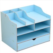 Drevený kancelársky organizér na dokumenty s 8 priehradkami a širokou zásuvkou modrý DIY 2411 Modrá