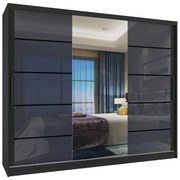 Šatníková skriňa 232 cm Belini čierny matný / šedý lesk s posuvnými dverami zrkadlom a zásuvkami  MGB SZP8/0/B/2S1L/KLP