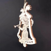 AMADEA Drevená ozdoba 3D zvonček - anjel s píšťalou 9 cm