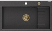Mexen Omar, 1-komorový granitový drez 800x480x210 mm, čierna škvrnitá, zlatý sifón, 6520801005-76-G
