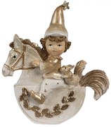 Béžovo-zlatá dekorácia dievčatko škriatok na hojdacom koni - 10*3*11 cm