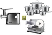 MEGAKOMBO Elektrický krájač BestBerg BBS-400 + 11dielna sada nerezových hrncov BestBerg BBSC-11 + Elektrický mlynček na mäso BestBerg BBM-2500