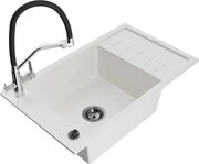 Mexen Elias granitový jednokomorový drez s odkvapkávačom a kuchynskou batériou Duo, Biela - 6511-20-671701-07-B