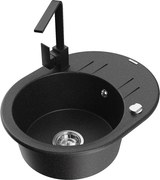 Mexen Kevin granitový jednokomorový drez s odkvapkávačom a kuchynskou batériou Rita, Čierna/Strieborná metalíza - 6517-73-670300