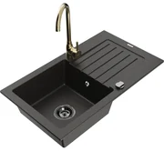 Mexen Pablo, granitový drez 752x436x161 mm, 1-komorový a zlatá batéria Telma, čierna-zlatá metalíza, 6510-75-670200-50-B