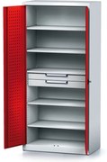Alfa 3 Policová dielenská skriňa 2-dverová MECHANIC, 5 políc, 2 zásuvky, 920 x 500 x 1950 mm, červené dvere