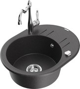 Mexen Kevin granitový jednokomorový drez s odkvapkávačom a kuchynskou batériou Carla, Čierna škvrnitá - 6517-76-670700-00