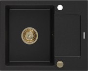 Mexen Enzo, granitový drez 576x465x174 mm, 1-komorový, čierna so zlatým sifónom, 6506571005-77-G