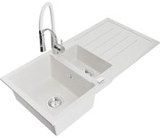 Mexen Andres, 1,5-komorový granitový drez 1000x500x200 mm a drezová batéria Aster, biela, 6515-20-73450-02