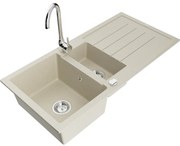 Mexen Andres, granitový drez 1000x500x200 mm, 1,5-komorový, béžová s chrómovým sifónom a chrómová drezová batéria Telma, 6515-69-670200-00