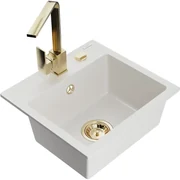 Mexen Milo, 1-komorový granitový drez 435x410x171 mm a zlatá batéria Rita, biela, 6505-20-670300-50
