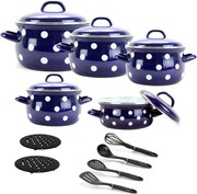 BELIS súprava smaltovaných hrncov modrá s bielymi bodkami 10-dielna