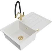 Mexen Bruno, 1-komorový granitový drez 795x495x200 mm a drezová batéria Duo, biela, 6513-20-671701-57-G