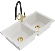 Mexen Mario, granitový drez 820x436x161 mm, 2-komorový a drezová batéria Duo, biela, 6504-20-671701-57-G