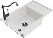 Mexen Elias granitový jednokomorový drez s odkvapkávačom a kuchynskou batériou Carla, Biela - 6511-20-670700-70