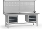 Výškovo nastaviteľný dielenský stôl G5 s nadstavbou, 2100 x 750 x 800-1000 mm, 2x kontajner, 8 zásuviek, grafit