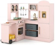 Rohová kuchyňa so svetlom a zvukom Drevená hracia zostava s výsuvnou pracovnou doskou Drez Sporák Rúra Chladnička Ružová